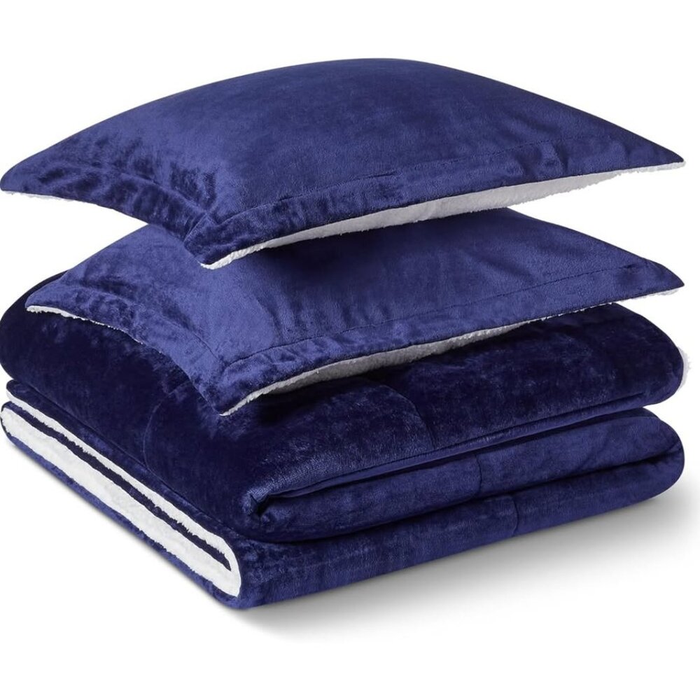 Brand New Blue 3 Piece DQ Reversible Micromink Sherpa Comforter Set